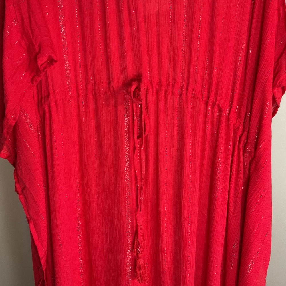 Gypsie Blu Red Rayon Kaftan Maxi Dress OS Plus Lurex Stripe Boho Vacation - Picture 4 of 7